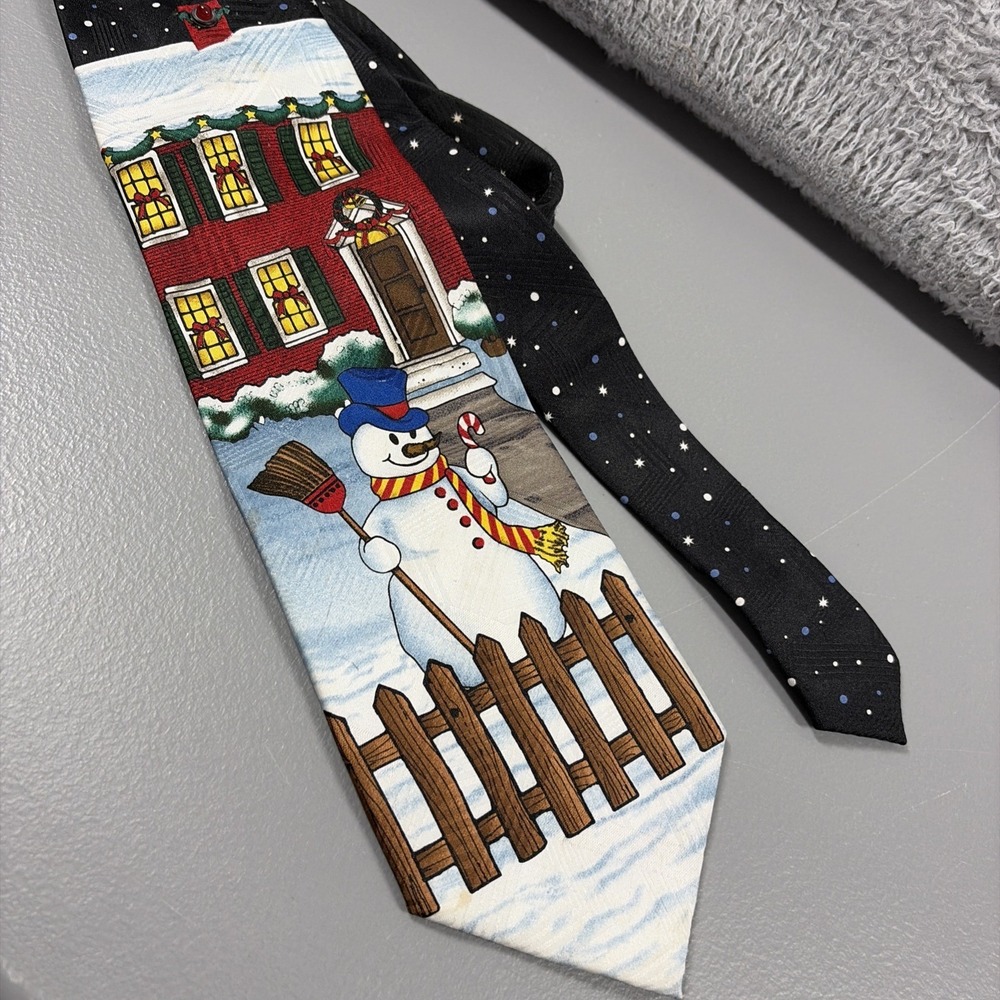 Christmas Theme Novelty Tie Rofe Snowman Graphic Red Retro Holiday Winter
